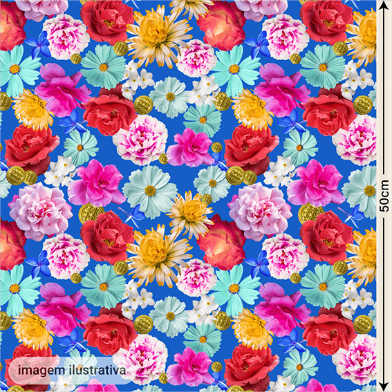 Cetim Digital  | Floral 007 Fundo Azul