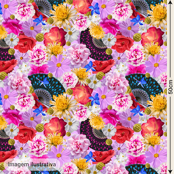 Cetim  Digital  | Floral 008 Leques Fundo Rosa