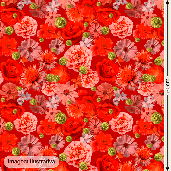 Cetim Digital  | Floral 009 Vermelho Moedas