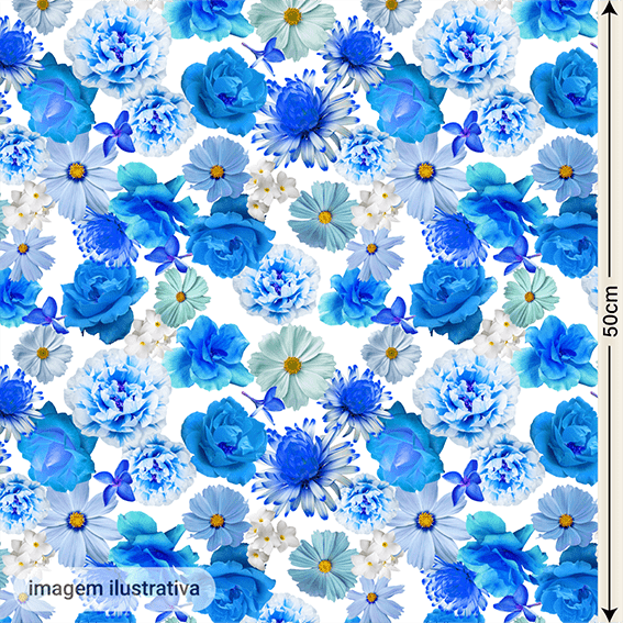 Cetim  Digital  | Floral 010 Azul e Branco