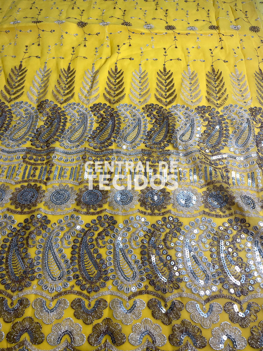 Chiffon Bordado Indiano Amarelo 4
