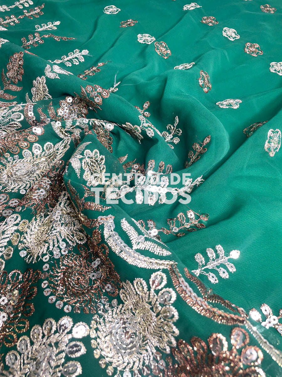 Chiffon Bordado Indiano Verde 25 3