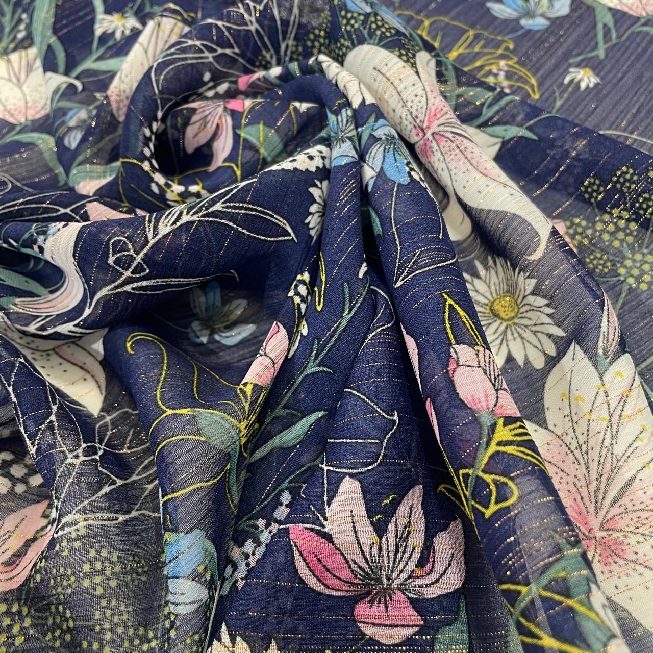 Chiffon Estampado Lurex Floral Marinho