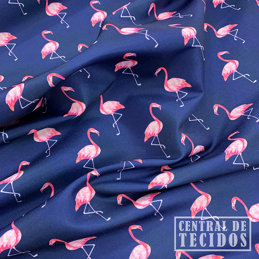 Microsuede Estampado | Flamingos fundo marinho