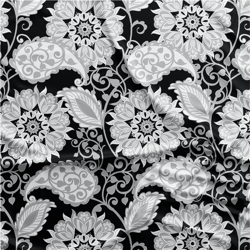 Oxford Digital | Floral Arabesco Branco Fundo Preto