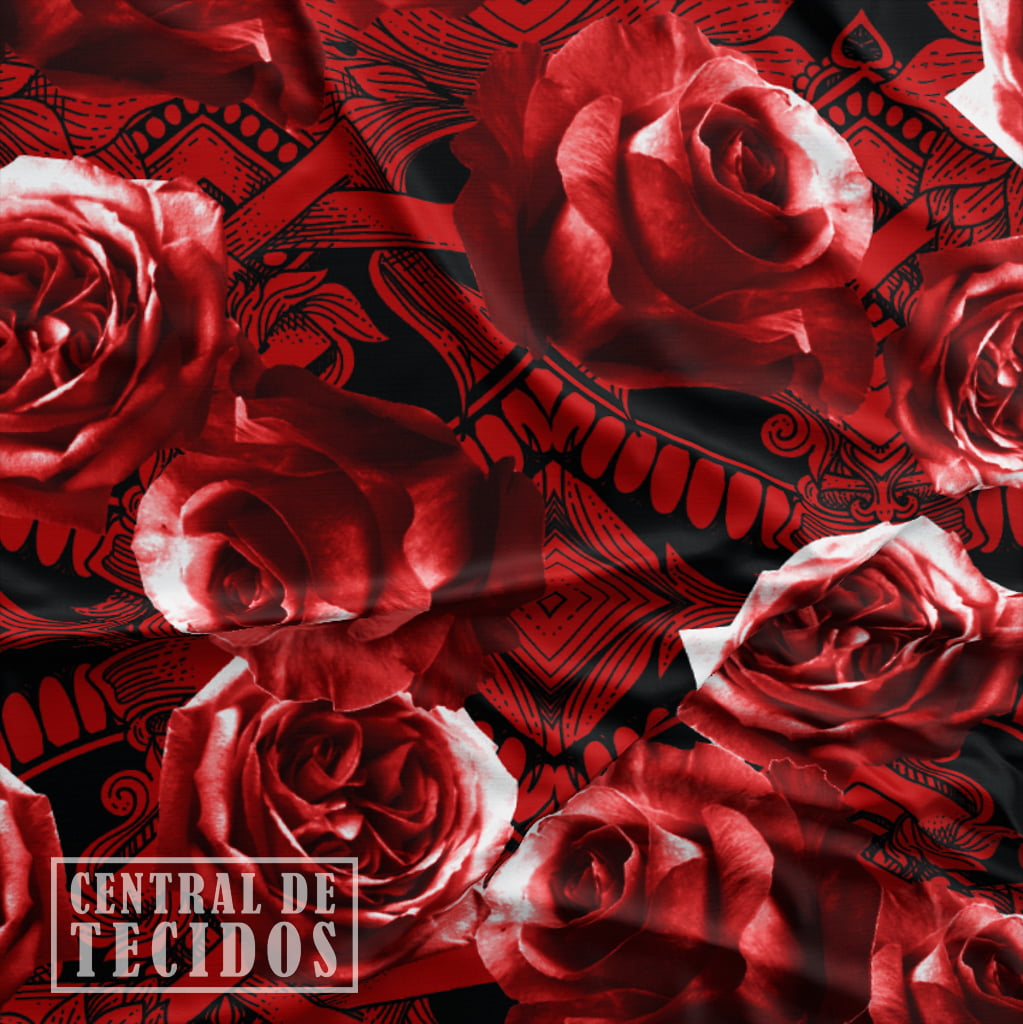 Oxford Digital | Arabesco Rosas Preto Vermelho
