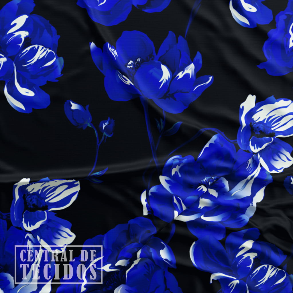 Oxford Digital | Floral Brilho Preto Azul