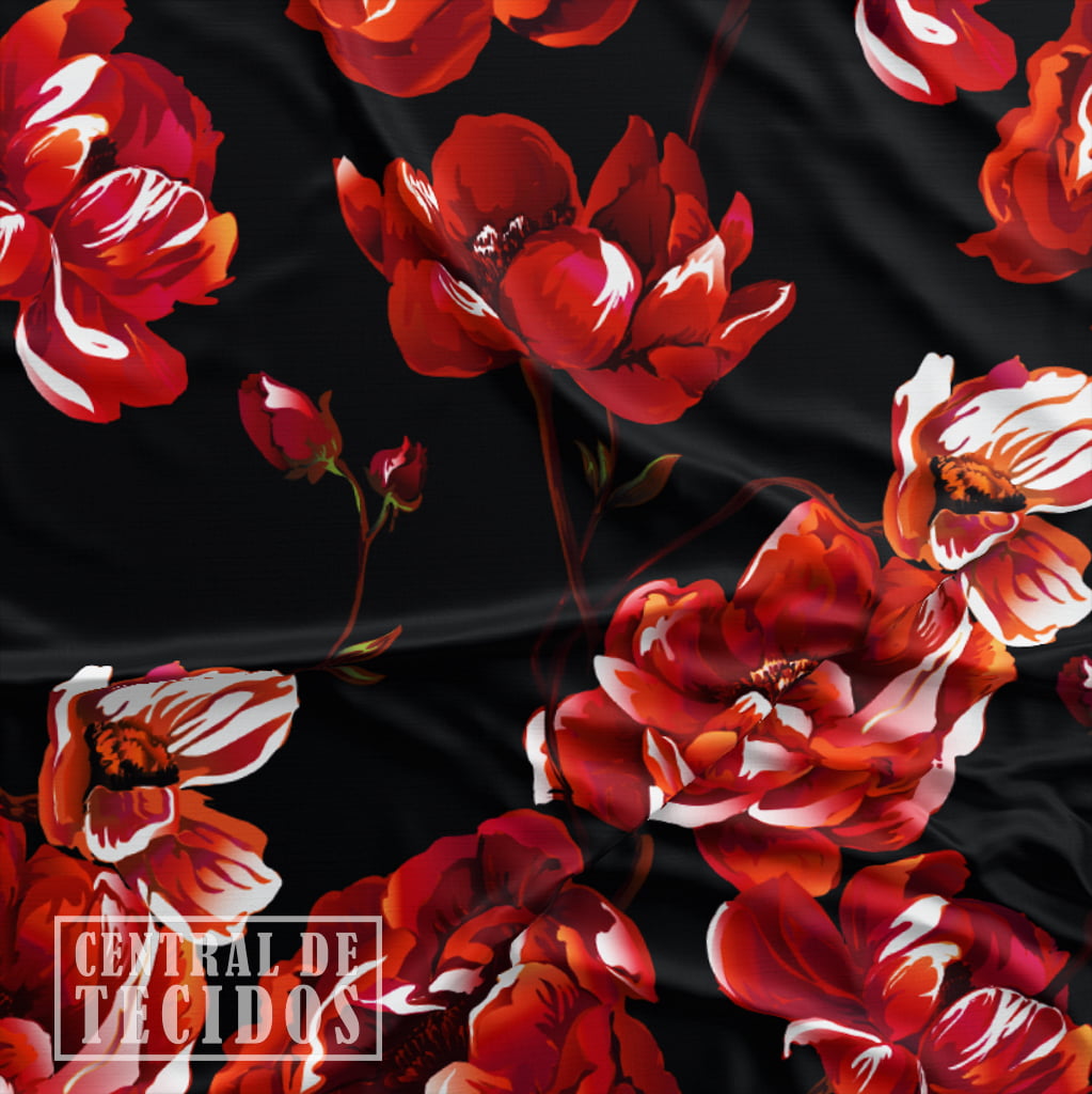 Oxford Digital | Floral Brilho Preto Vermelho