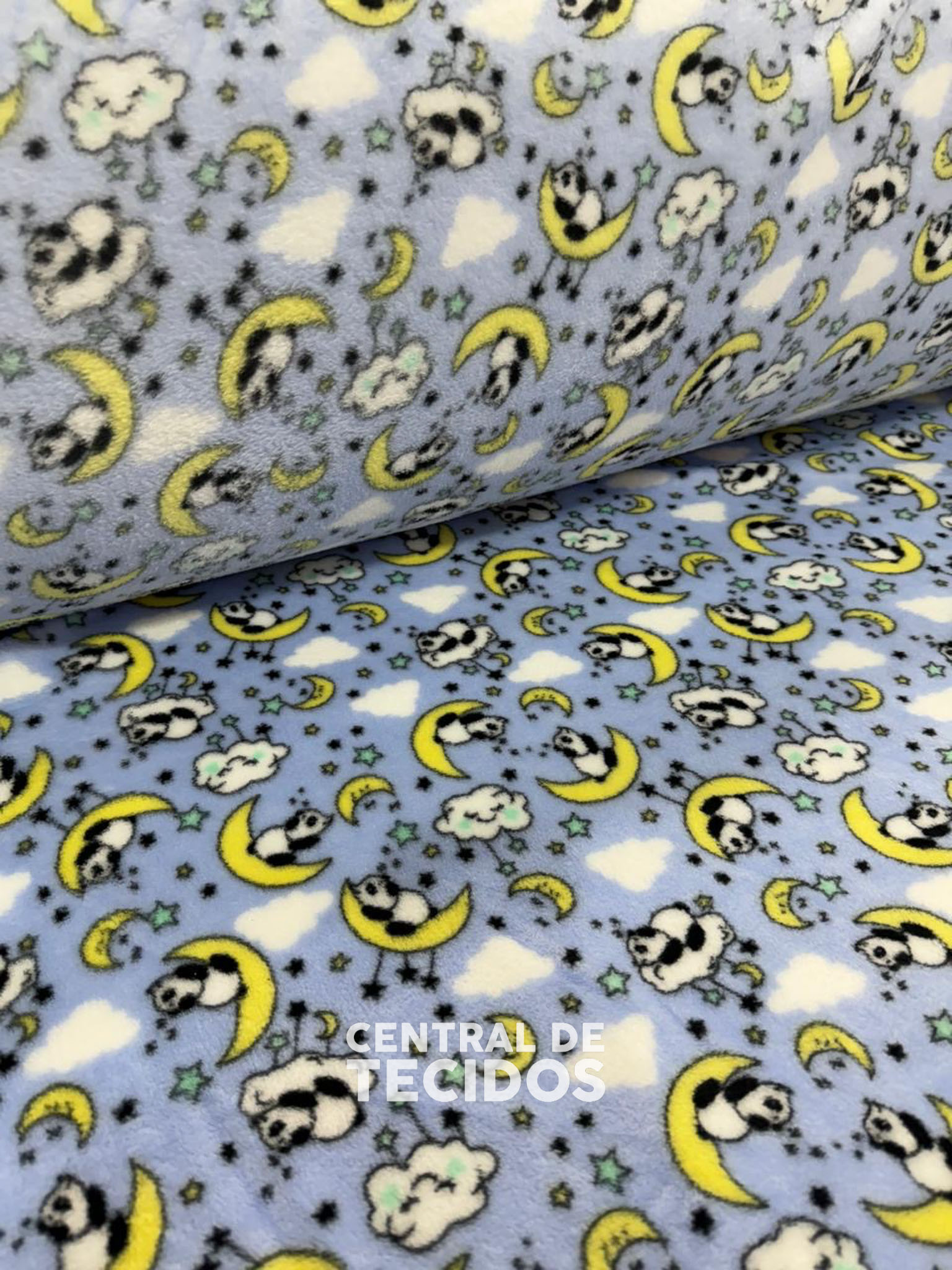 Fleece Estampado Panda na Lua fundo Azul