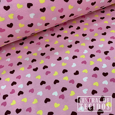 Malha Cotton Classic Estampado | Corações fundo rosa claro
