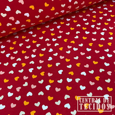 Malha Cotton Classic Estampado | Corações fundo vermelho