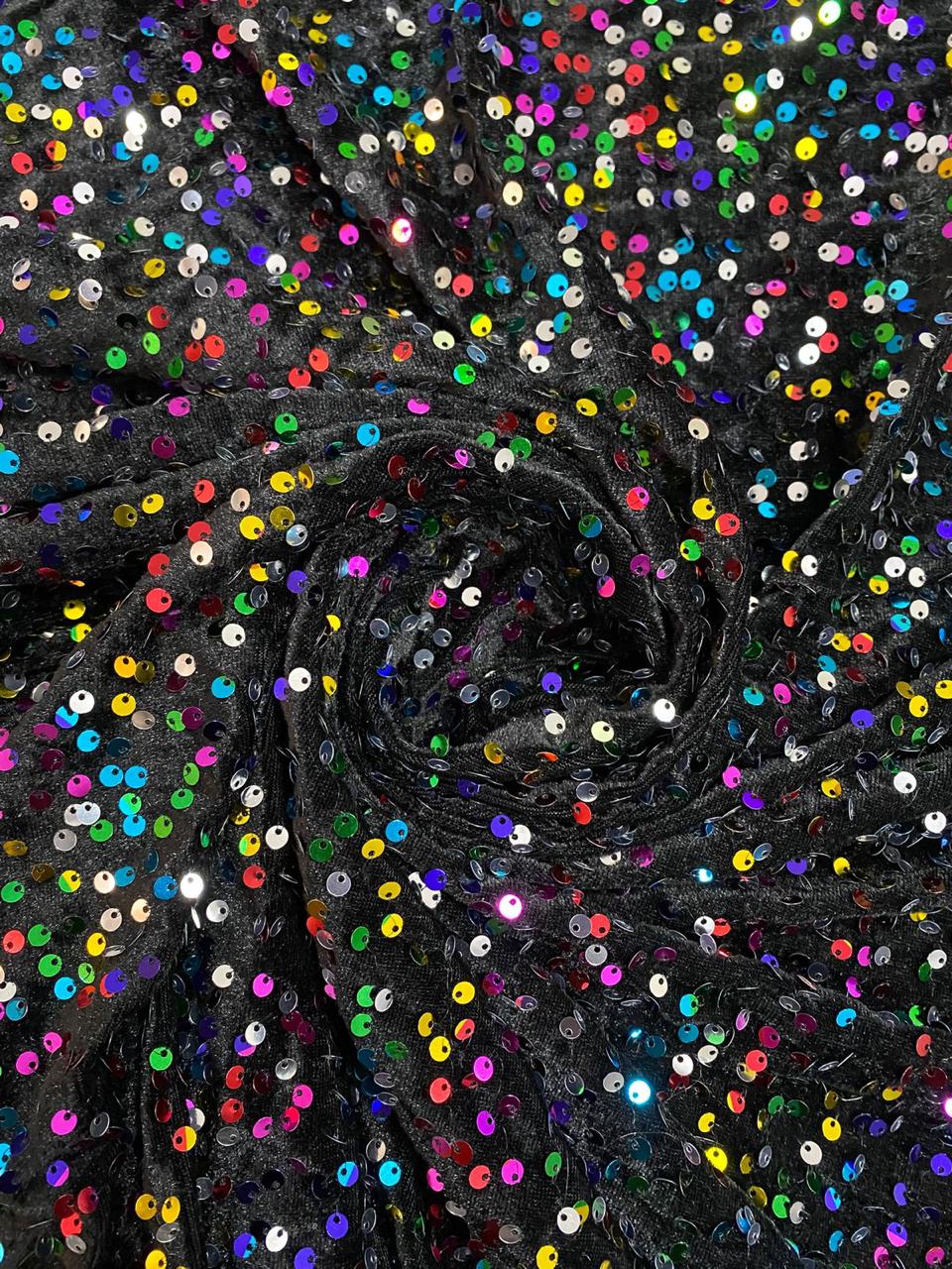 Veludo Cristal  Paetês Preto Holográfico