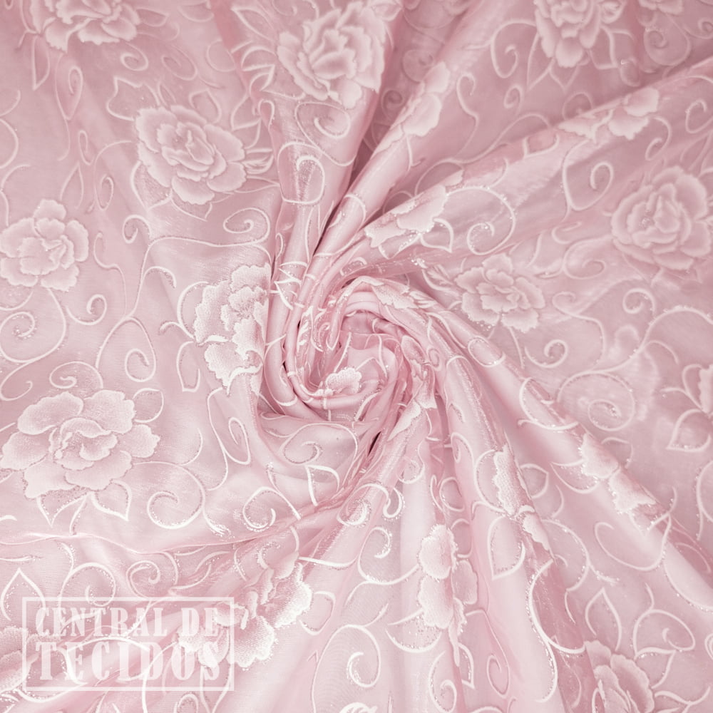 Organza glitter estampado floral | Rosa Claro