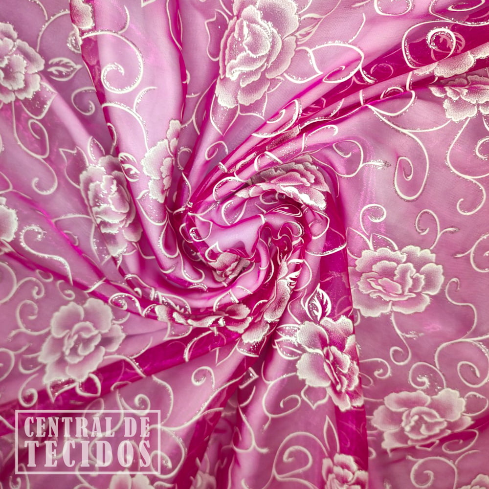 Organza glitter estampado floral | Rosa Shock