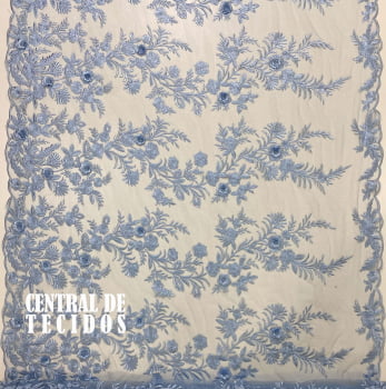 Tule Bordado 3D London Azul Claro - Largura 1,40m x Comprimento 0,97cm