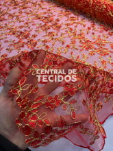 Tule Bordado Metálico GODESS 555 Vermelho e Dourado - Cópia (1)