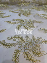 Tule Bordado Branco com Dourado 