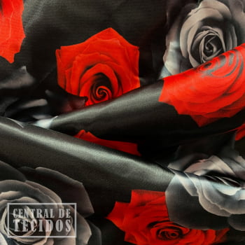 Cetim Estampado Digital | Rosas Pretas e Vermelhas
