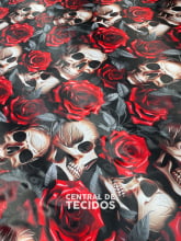 Cetim Estampado Digital Rosas Vermelhas e Caveiras