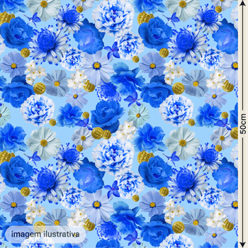 Cetim  Digital  | Floral 009 Azul Moedas