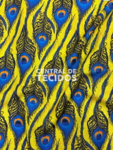 Oxford Estampado Orixás Pena Pavão Amarelo e Azul