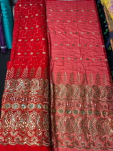 Chiffon Bordado Indiano Vermelho Ramos
