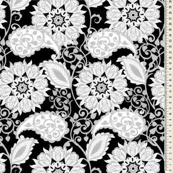 Oxford Digital | Floral Arabesco Branco Fundo Preto