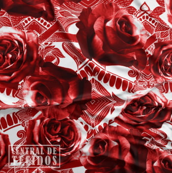 Oxford Digital | Arabesco Rosas Branco Vermelho