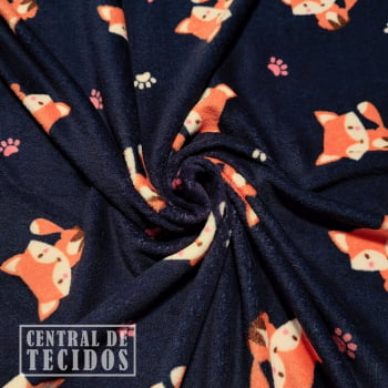 Fleece Multicolor Estampado | Raposinhas e Patinhas Fundo Azul Marinho