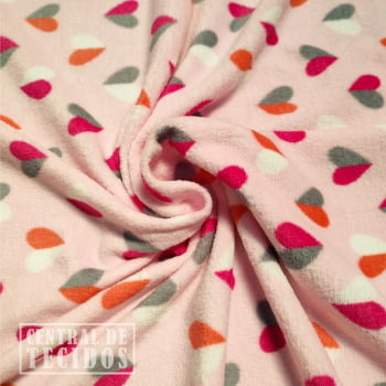 Fleece Multicolor Estampado | Corações Duo Color Fundo Rosa