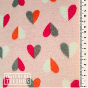 Fleece Multicolor Estampado | Corações Duo Color Fundo Rosa
