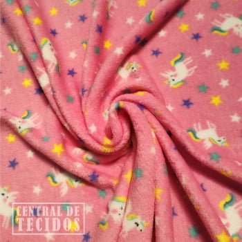 Fleece Multicolor Estampado | Unicornios e Estrelas Fundo Rosa