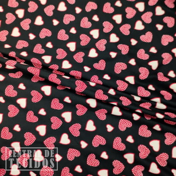 Malha Suede Pijama | Corações Vermelhos Poá fundo Preto