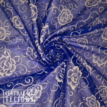 Organza glitter estampado floral | Azul Royal
