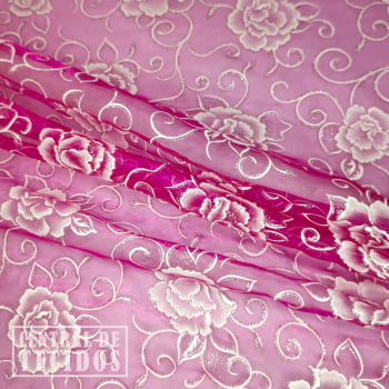 Organza glitter estampado floral | Rosa Shock