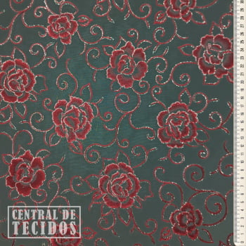 Organza glitter estampado floral | Rosas vermelhas fundo preto