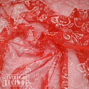 Organza glitter estampado floral | Vermelho flores médias