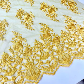  Tule Bordado Juliana | Amarelo Ouro - Largura 1,30m X Comprimento 0,62m