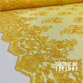 Tule Bordado Juliana | Amarelo Ouro - Largura 1,30m X Comprimento 1,64m