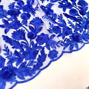  Tule Bordado London 3D | Azul Royal - Largura 1,27m X Comprimento 1,0m