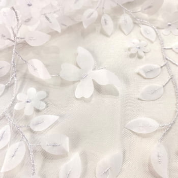 Tule Bordado 3D | Folhas e Borboletas Branco
