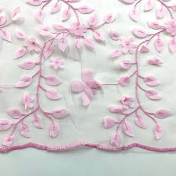 Tule Bordado 3D | Folhas e Borboletas Rosa