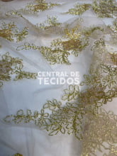 Tule Bordado Branco com Dourado