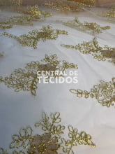 Tule Bordado Branco com Dourado