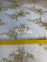 Tule Bordado Branco com Dourado