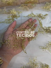 Tule Bordado Branco com Dourado
