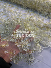 Tule Bordado Metálico GODESS 555 Branco e Dourado
