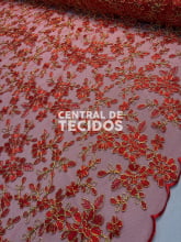 Tule Bordado Metálico GODESS 555 Vermelho e Dourado