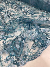 Tule Bordado Metálico GODESS 557 Azul Claro