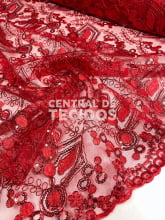Tule Bordado Metálico GODESS 557 Vermelho